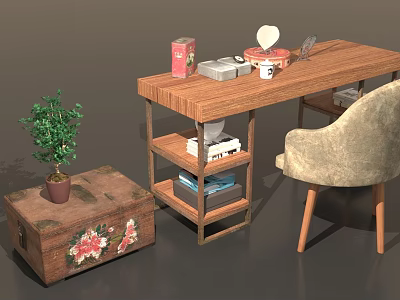Wooden Desk Setup With Beige Chair Floral Chest Potted Plant And Decorative Items 3d model