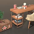 Wooden Desk Setup With Beige Chair Floral Chest Potted Plant And Decorative Items