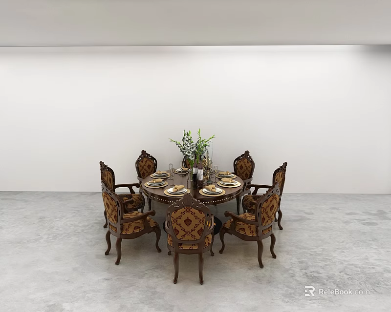 Round Wooden Dining Table With Ornate Upholstered Chairs And Floral Centerpiece In Minimalist Space 3d model 