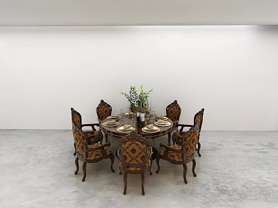 Round Wooden Dining Table With Ornate Upholstered Chairs And Floral Centerpiece In Minimalist Space 3d model