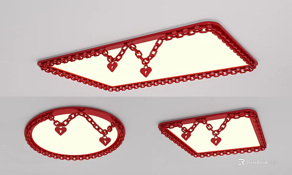Red Ceiling Lights with Chain Decoration and Heart Pendants Triangular and Oval Shaped Design 3d model