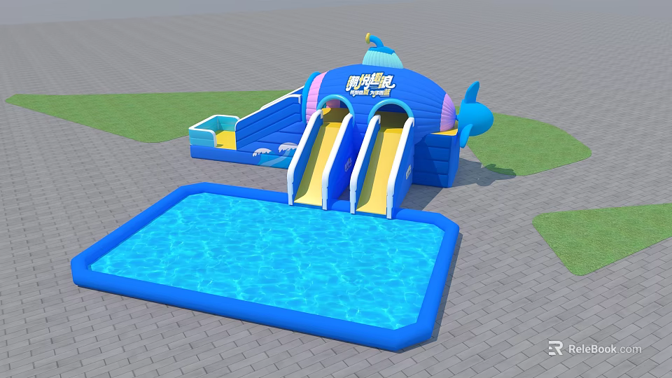 Outdoor Blue Whale Shaped Inflatable Water Slide With Yellow Slides And Pool 3d model 