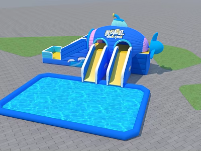 Outdoor Blue Whale Shaped Inflatable Water Slide With Yellow Slides And Pool 3d model
