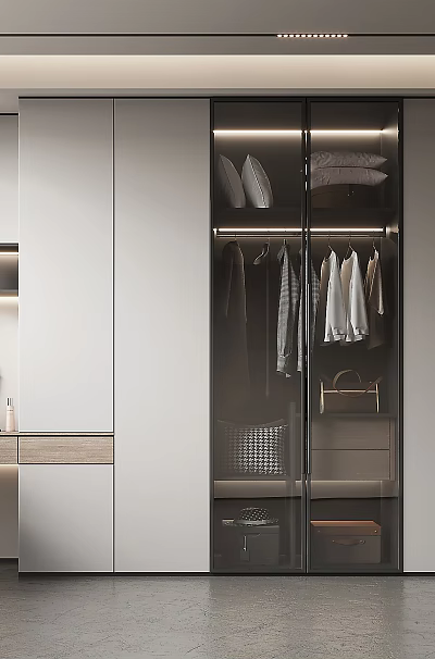 Modern Wardrobe With Glass Doors And Hanging Clothes Storage Boxes Dressing Table Chair Interior Design 3d model