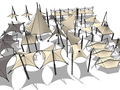 Multiple Outdoor Sunshades With Various Designs And Metal Frames In Beige And Gray 3d model