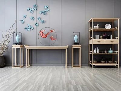 Modern Console Table Interior Design With Gray Wall Art Decorative Vases And Wooden Shelves 3d model