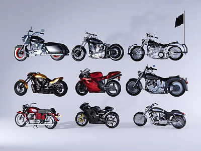 Various Styles of Motorcycles Displayed in an Arranged Collection with Different Designs 3d model