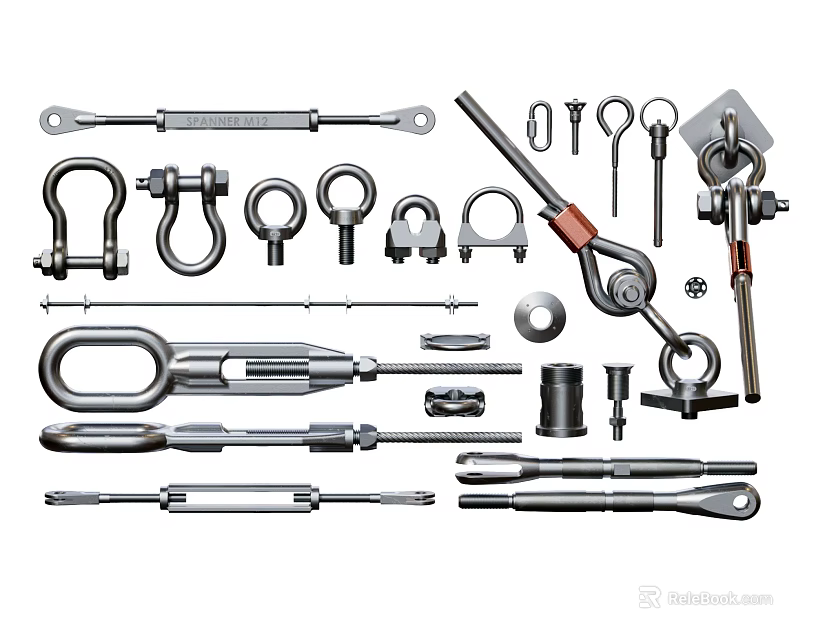 Various Metal Hardware Connectors Including Shackles Bolts And Turnbuckles 3d model 