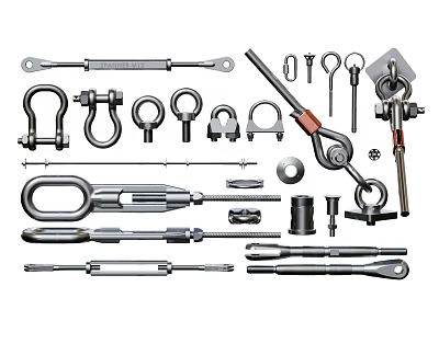 Various Metal Hardware Connectors Including Shackles Bolts And Turnbuckles 3d model