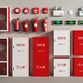 Red And White Fire Safety Equipment With Hydrant Cabinets Extinguishers Alarms And Indicator Lights