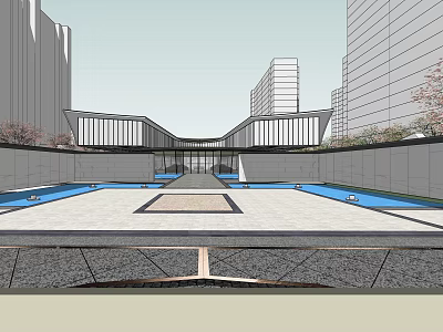 Modern Sales Office Building Exterior With Water Features Plaza And Surrounding High-Rise Buildings 3d model