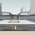 Modern Sales Office Building Exterior With Water Features Plaza And Surrounding High-Rise Buildings