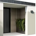 Gray White Modern Building Exterior With Vertical Stripes Green Trees And Black Door