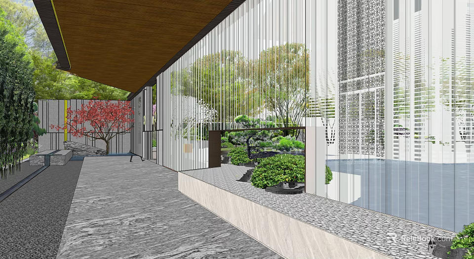 Modern Entrance Gate With Wooden Structure Glass Panels And Garden Landscape View 3d model 