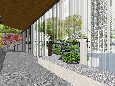 Modern Entrance Gate With Wooden Structure Glass Panels And Garden Landscape View 3d model