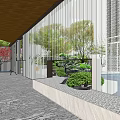 Modern Entrance Gate With Wooden Structure Glass Panels And Garden Landscape View