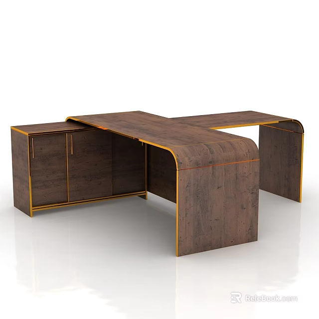 Modern Wooden Office Desk With Metal Frame And Extended Tabletop Design 3d model 