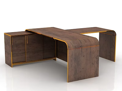 Modern Wooden Office Desk With Metal Frame And Extended Tabletop Design 3d model