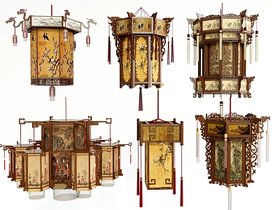Traditional Chinese Decorative Outdoor Lights with Wooden Frame Intricate Patterns and Hanging Tassels 3d model