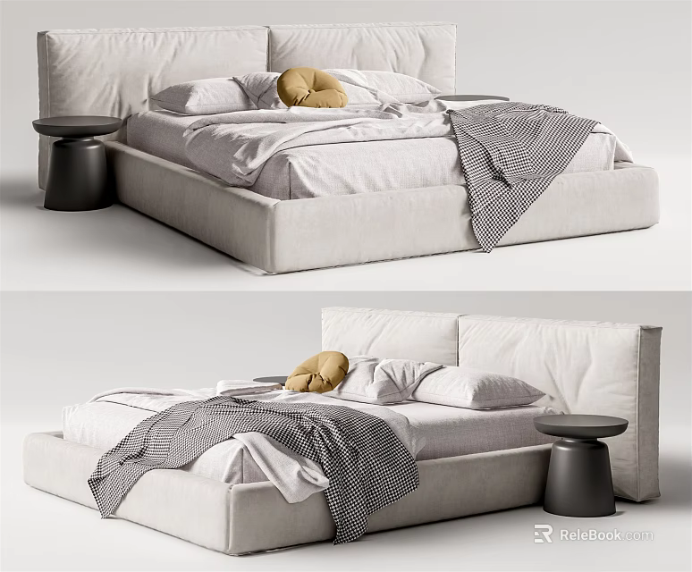 Modern Minimalist Double Bed With Upholstered Headboard Pillows Blanket And Side Table 3d model