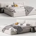 Modern Minimalist Double Bed With Upholstered Headboard Pillows Blanket And Side Table 3d model