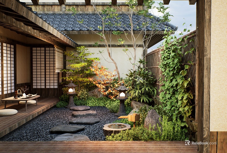 Traditional Japanese Courtyard Garden With Stone Stepping Path Lanterns Wooden Deck And Lush Greenery 3d model 