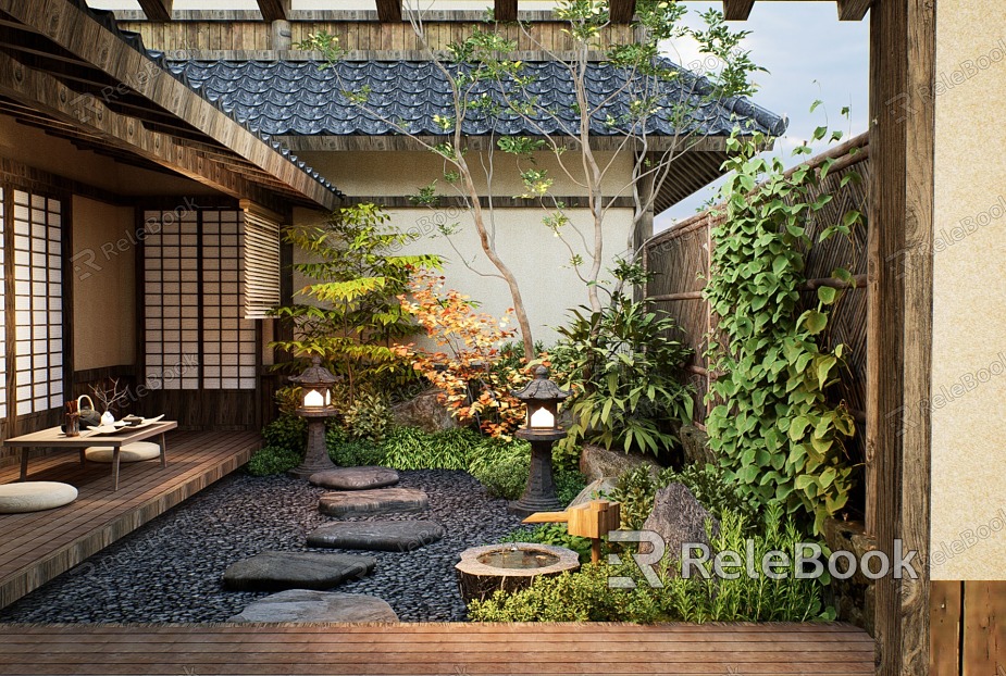 Japanese-style Zen patio courtyard landscape landscape landscaping plant landscape shrub green plant pile model