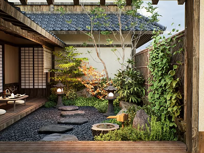 Traditional Japanese Courtyard Garden With Stone Stepping Path Lanterns Wooden Deck And Lush Greenery 3d model