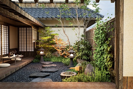 Japanese-style Zen patio courtyard landscape landscaping plant landscape shrub green plant pile 3d model