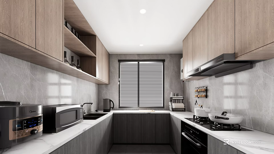 Modern Kitchen With Wooden Cabinets Marble Countertops Window Blinds And Appliances 3d model 