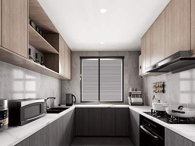 Modern Kitchen With Wooden Cabinets Marble Countertops Window Blinds And Appliances 3d model