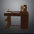 Vintage Brown Desk Setup With Radio Table Lamp Cards Drawers And Shelves