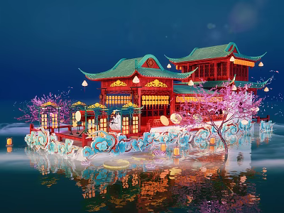 Traditional Chinese Water Pavilion With Red Structure Green Roof Pink Cherry Blossoms And Lanterns 3d model
