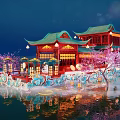 Traditional Chinese Water Pavilion With Red Structure Green Roof Pink Cherry Blossoms And Lanterns