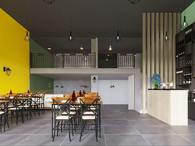 Bright Two Story Restaurant Interior With Yellow Green Walls Dining Tables And Bar Counter 3d model