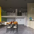 Bright Two Story Restaurant Interior With Yellow Green Walls Dining Tables And Bar Counter