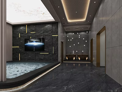 Elegant Modern Lobby Interior With Dark Marble Floor TV Yellow Accent Lines And Ceiling Light Strips 3d model