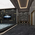 Elegant Modern Lobby Interior With Dark Marble Floor TV Yellow Accent Lines And Ceiling Light Strips