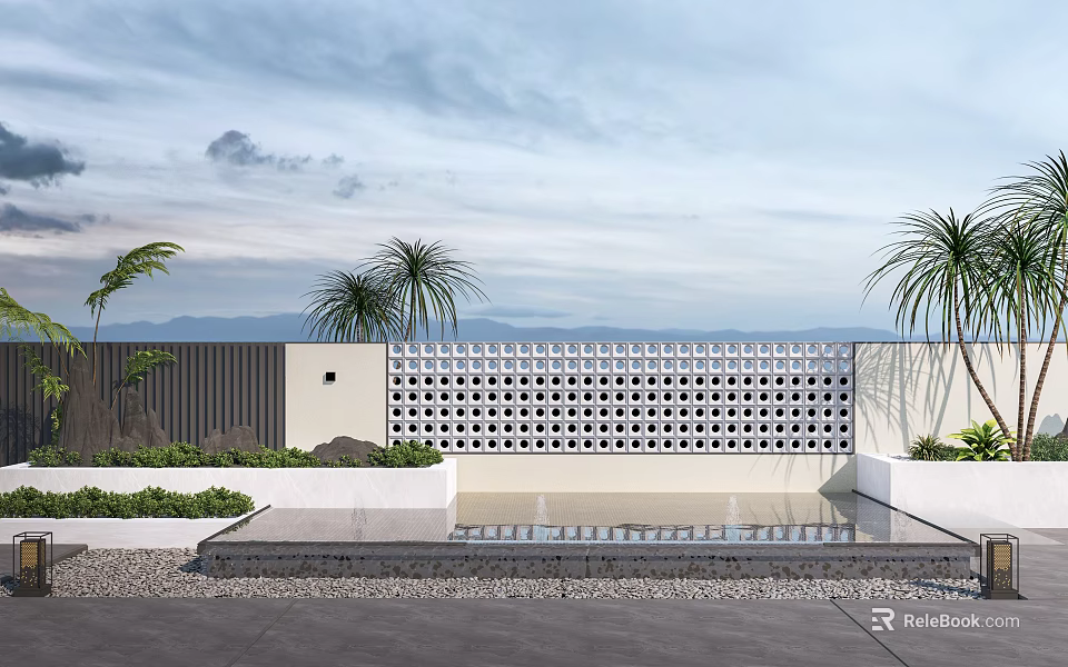 Contemporary Lattice Feature Wall With Palm Trees Water Pool And Mountain View Against Blue Sky 3d model 