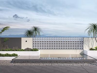 Contemporary Lattice Feature Wall With Palm Trees Water Pool And Mountain View Against Blue Sky 3d model