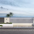 Contemporary Lattice Feature Wall With Palm Trees Water Pool And Mountain View Against Blue Sky