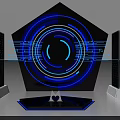 Futuristic Black Pentagon Structure With Blue White Circular Halos Connecting Lines And Heart Logo