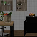 Modern Black Kitchen Sideboard With Fruit Bowl Green Plants And Purple Light Drawer