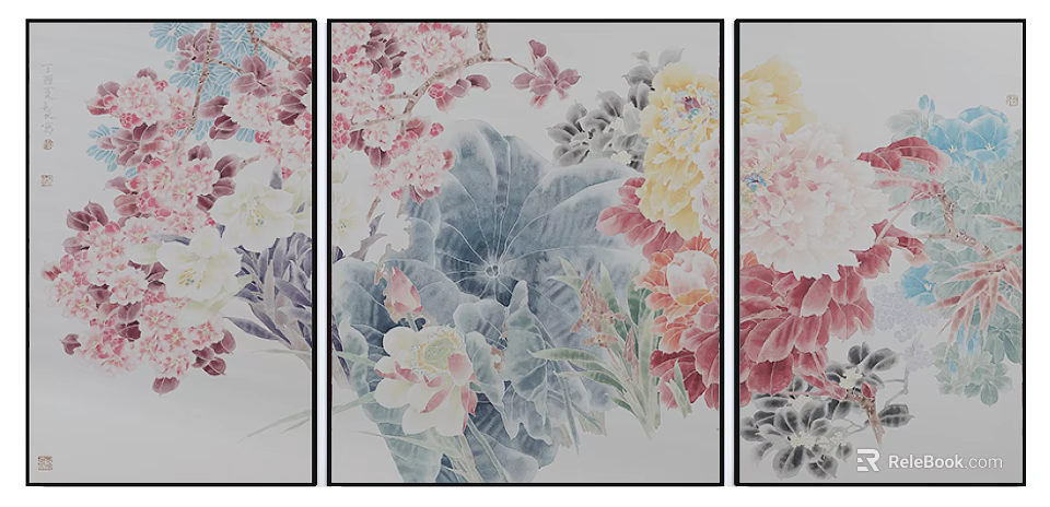 Colorful Botanical Paintings Triptych with Lotus Peony and Cherry Blossom for Home Decor 3d model 