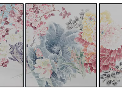 Colorful Botanical Paintings Triptych with Lotus Peony and Cherry Blossom for Home Decor 3d model