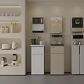 Modern Household Electrical Appliances Display With Water Dispensers Refrigerators Coffee Makers Toasters And White Shelves