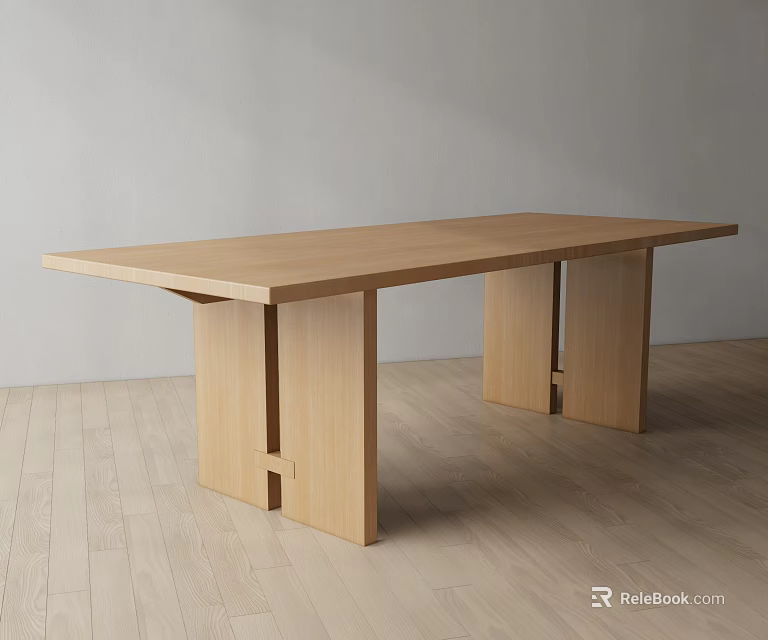 Minimalist Modern Wooden Dining Table With Unique Leg Structure On Light Wooden Floor 3d model 