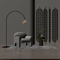 Elegant Single Sofa In Modern Interior With Arched Floor Lamp And Decorative Screen 3d model
