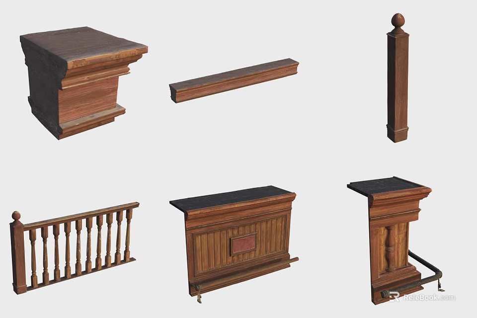 Classic Wooden Railings Design With Decorative Posts Handrail And Components 3d model