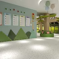 Modern Kindergarten Hall With Green Sofas Tree Shaped Decorations Large Windows And Bright Space 3d model